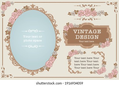 Set of decorative photo frames and ornaments, dividers with flowers in vintage style. Vector illustration.