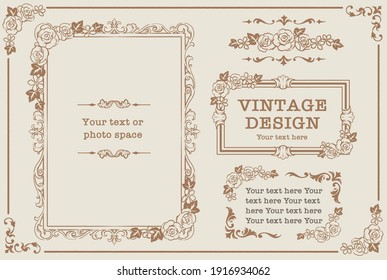 Set of decorative photo frames and ornaments, dividers with flowers in vintage style. Vector illustration.