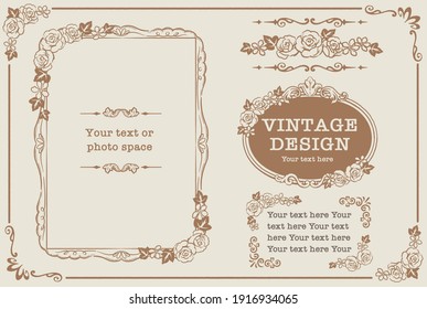 Set of decorative photo frames and ornaments, dividers with flowers in vintage style. Vector illustration.