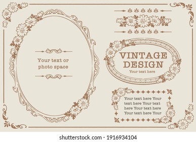 Set of decorative photo frames and ornaments, dividers with flowers in vintage style. Vector illustration.