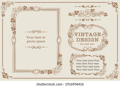 Set of decorative photo frames and ornaments, dividers with flowers in vintage style. Vector illustration.