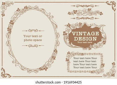 Conjunto de marcos y adornos de fotos decorativos, separadores con flores de estilo vintage. Ilustración vectorial.