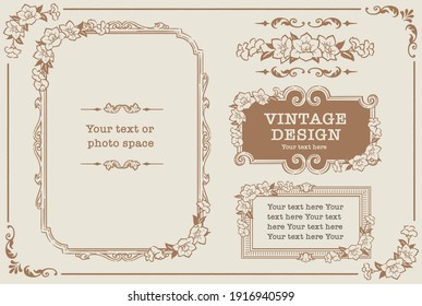 Conjunto de marcos y adornos de fotos decorativos, separadores con flores de estilo vintage. Ilustración vectorial.