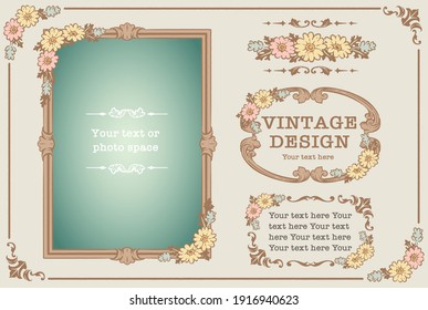 Conjunto de marcos y adornos de fotos decorativos, separadores con flores de estilo vintage. Ilustración vectorial.