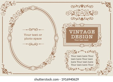 Set of decorative photo frames and ornaments, dividers with flowers in vintage style. Vector illustration.