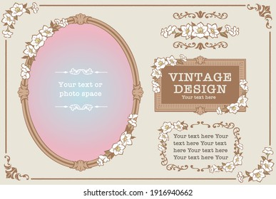 Set of decorative photo frames and ornaments, dividers with flowers in vintage style. Vector illustration.