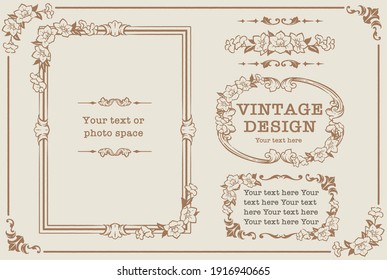 Set of decorative photo frames and ornaments, dividers with flowers in vintage style. Vector illustration.