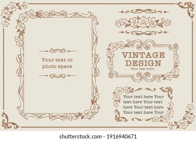 Set of decorative photo frames and ornaments, dividers with flowers in vintage style. Vector illustration.