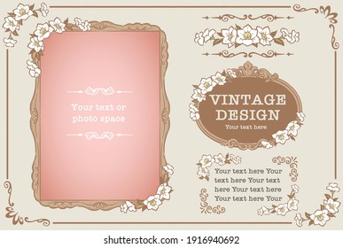 Set mit dekorativen Fotorahmen und Ziergegenständen, Trennflächen mit Blumen im Vintage-Stil. Vektorgrafik.