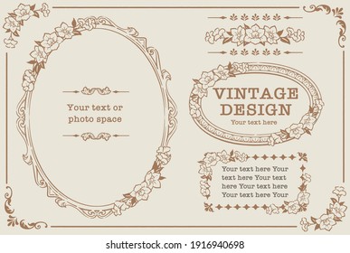 Set of decorative photo frames and ornaments, dividers with flowers in vintage style. Vector illustration.