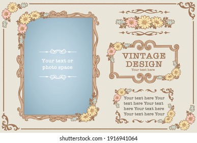 Set of decorative photo frames and ornaments, dividers with flowers in vintage style. Vector illustration.