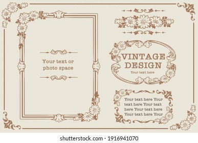 Set of decorative photo frames and ornaments, dividers with flowers in vintage style. Vector illustration.