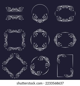 Set of decorative photo frames and ornaments, dividers. Vector illustration.