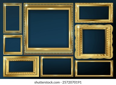 A set of decorative picture frame with golden borders. Gold photo engraved frames with ornamental detailed borders. Old classic baroque gilded empty frameworks.