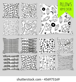 Set of decorative pillows for interior design with abstract lines. black and white