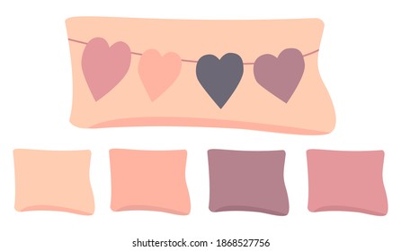 Set of decorative pillows or pillowcases with hearts. Flat vector illustration.