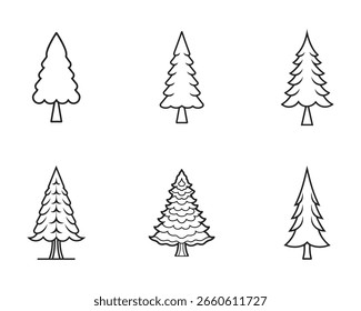 Conjunto de Ilustrações de Arte de Linha de Pinho Decorativo para Design de Férias e Decorações de inverno em Preto e Branco