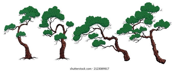 Set of decorative pine trees in Chinese style