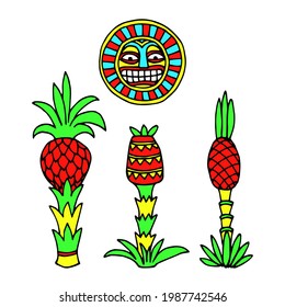 set of decorative pineapples under sun, indian traditional patterns, color vector illustration with black contour lines isolated on a white background in a hand drawn and cartoon style