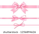 Set of decorative pink bow with horizontal pink ribbon for gift decor. Realistic vector bow and ribbon isolated on white. Vector illustration