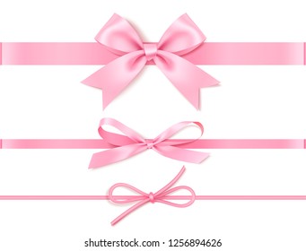 Set of decorative pink bow with horizontal pink ribbon for gift decor. Realistic vector bow and ribbon isolated on white. Vector illustration