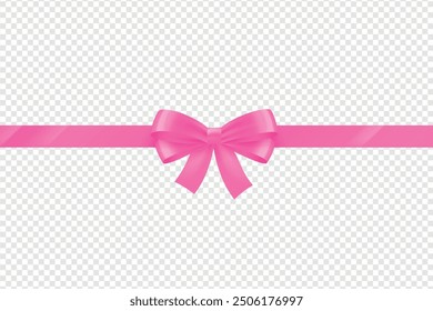 Set of decorative pink bow with horizontal pink ribbon for gift decor, Realistic vector bow and ribbon isolated on white, Decorative pink ribbon bow, realistic holiday rope ,bow for present wrapping.