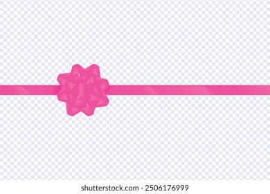 Set of decorative pink bow with horizontal pink ribbon for gift decor, Realistic vector bow and ribbon isolated on white, Decorative pink ribbon bow, realistic holiday rope ,bow for present wrapping.