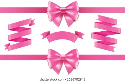 Set of decorative pink bow with horizontal pink ribbon for gift decor. Realistic vector bow and ribbon isolated on white. New tag pink ribbon and banner vector. Pink ribbon, tag and label.