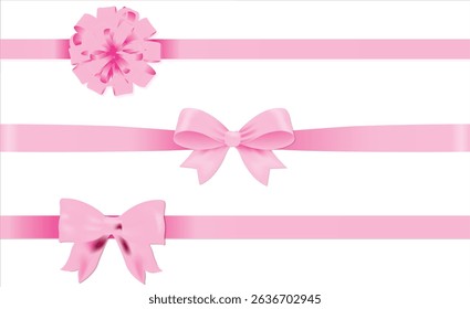 Set of decorative pink bow with horizontal pink ribbon for gift decor. Realistic vector bow and ribbon isolated on white. New tag pink ribbon and banner vector. Pink ribbon, tag and label.