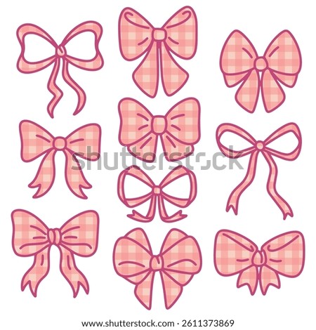 Set of decorative pink bows in gingham checkered style for crafts, packaging, and festive design projects