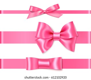 Set of decorative pink bows with horizontal ribbon isolated on white. Vector rose bow