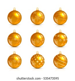 Set of decorative pink Christmas balls with golden holiday pattern, isolated on white background, illustration.