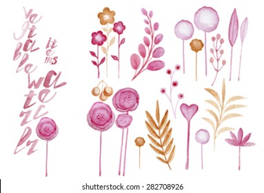 set of decorative pink flowers and branches , watercolor