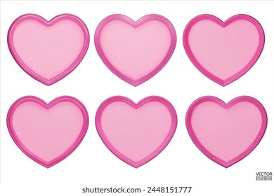 Set of decorative pink hearts. Pink Heart Shaped Frame. 3d realistic heart with rim. Elements for Valentines Day, Wedding, Birthday, Anniversary, Mothers Day decoration. 3d vector illustration.
