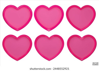 Set of decorative pink hearts. Pink Heart Shaped Frame. 3d realistic heart with rim. Elements for Valentines Day, Wedding, Birthday, Anniversary, Mothers Day decoration. 3d vector illustration.
