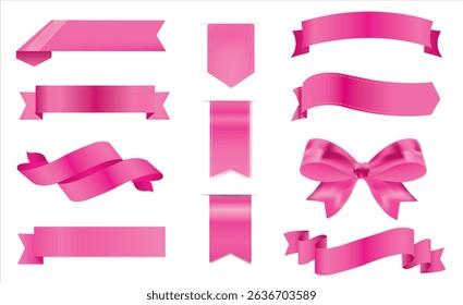 Set of decorative pink ribbon banners isolated on white, Pink Bow With Ribbons Set, With Gradient Mesh, Vector Illustration, Ribbon banner set, Ribbon banner set. Pink ribbons, Vector.