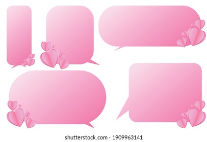 Set of decorative pink speech bubbles with hearts, speaking and talking communication and conversation isolated on white vector illustration, valentines day concept
