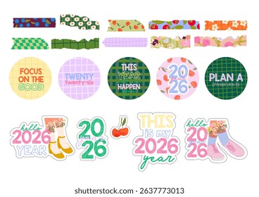 Set of decorative planner stickers and washi tape strips in colorful hand-drawn style. Includes round labels, motivational quotes, year 2026 lettering, floral textures, and tape elements. 