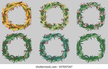 Set of decorative plant wreaths at different times of the year