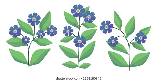 Set with decorative plants. Cute decorative art flowers, leaves on branches in collection. Small flowers twigs isolated on white background. Vector illustration.