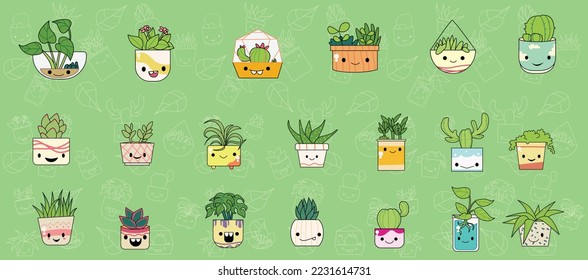 set of decorative plants, with cute characters for stationary and stickers.