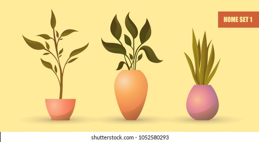 Set of decorative plants. Vector cartoon illustration. Nature.