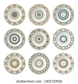 Set of decorative plates with a circular blue pattern, top view. White background. Vector illustration.
