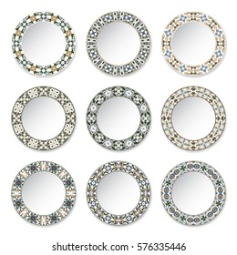 Set of decorative plates with a circular blue and green pattern, top view. White background. Vector illustration.