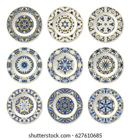 Set of decorative plates with a circular blue pattern and gold contour, top view. White background. Vector illustration.