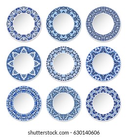 Set of decorative plates with a circular blue pattern, top view. White background. Vector illustration.