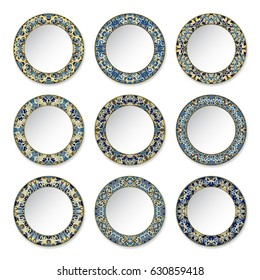 Set of decorative plates with a circular blue pattern and gold contour, top view. White background. Vector illustration.