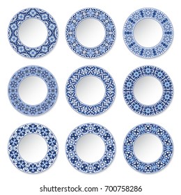 Set of decorative plates with a circular blue pattern, top view. White background. Vector illustration.