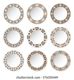Set of decorative plates with a circular brown pattern, top view. White background. Vector illustration.
