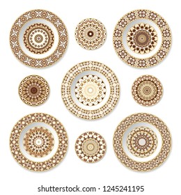 Set of decorative plates with a circular orange pattern, top view. White background. Vector illustration.